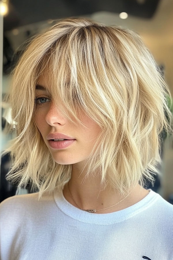 Choppy Blonde Bob with Bangs, Effortless Chic Bob Hairstyle