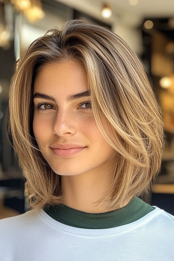 40 Layered Bob Haircuts to Try Now : Soft Blended Layers with Honey Highlights