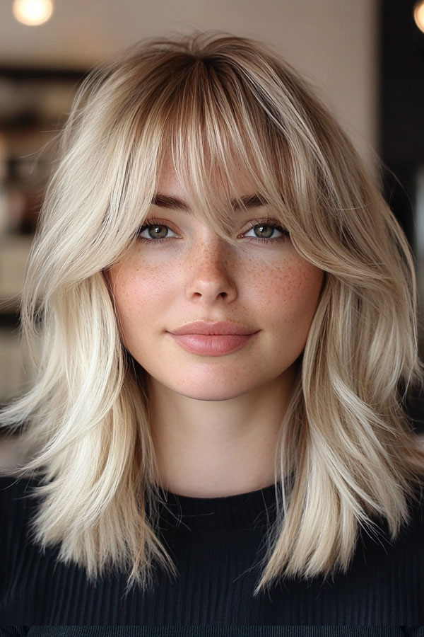 50 Effortless Shag Haircuts To Rock : Platinum Blonde Shag with Soft Fringe