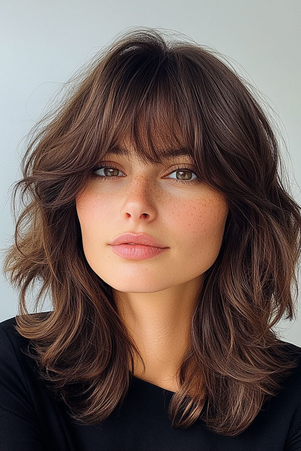 50 Effortless Shag Haircuts To Rock : Soft Layered Shag with Curtain Bangs