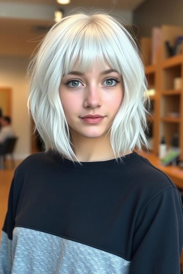 Tousled Platinum Bob with Soft Bangs, Icy Platinum Long Bob Hairstyle