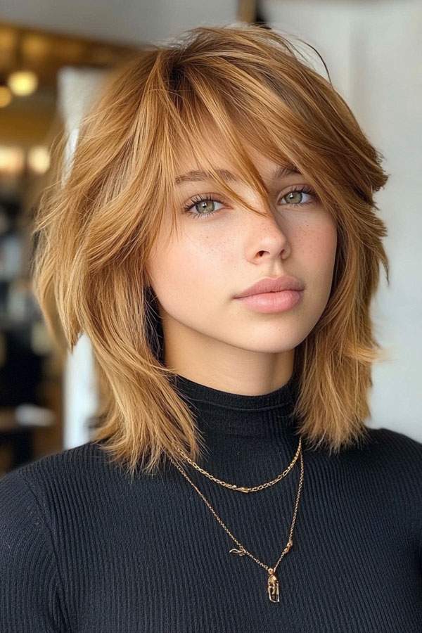 50 Effortless Shag Haircuts To Rock : Golden Copper Medium-Length with Layered Volume