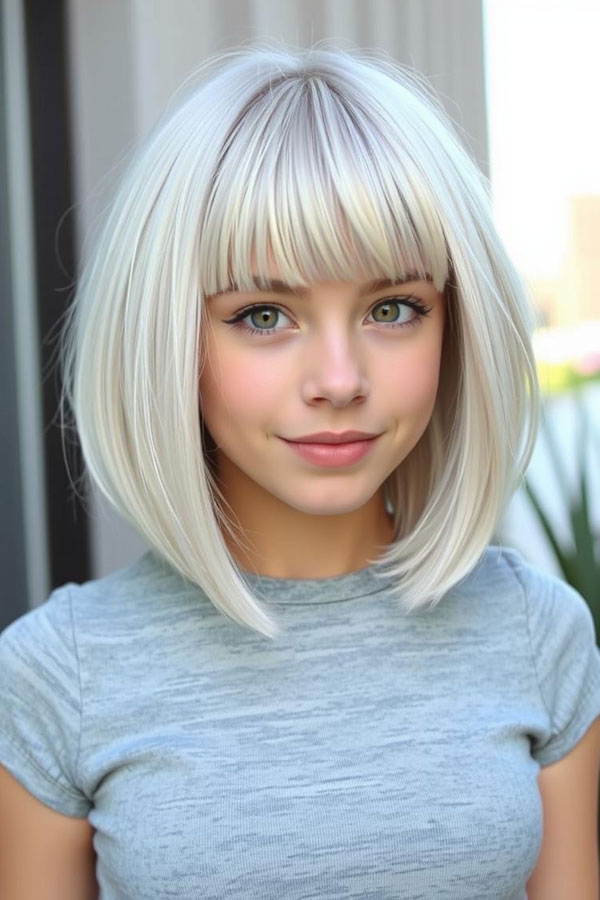 Soft A-Line Lob with Wispy Bangs, Icy Platinum Long Bob Hairstyle