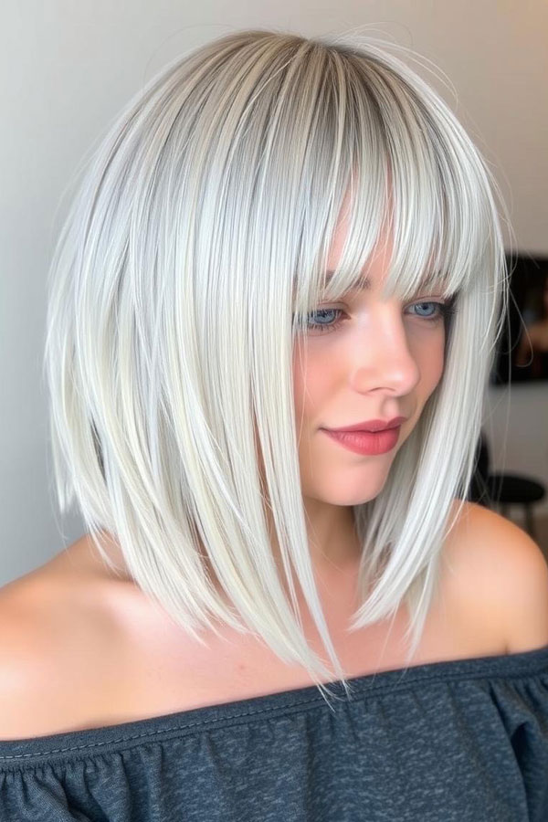 Sleek Lob with Feathered Bangs, Icy Platinum Long Bob Hairstyle