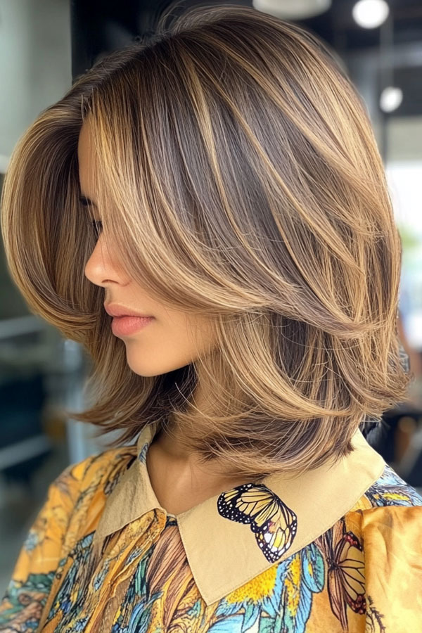 40 Layered Bob Haircuts to Try Now : Side-Swept Layers with Honey Highlights