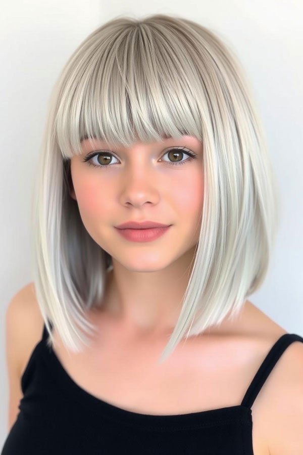 25 Chic Icy Platinum Long Bob Hairstyles : Blunt Bob with Full Bangs