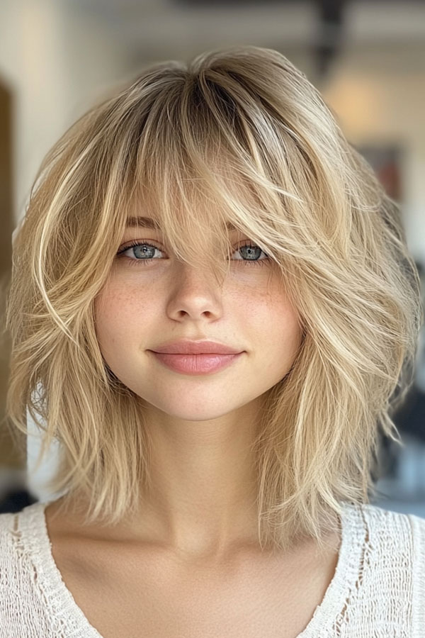 Tousled Blonde Shag with Effortless Texture, shag haircut with bangs