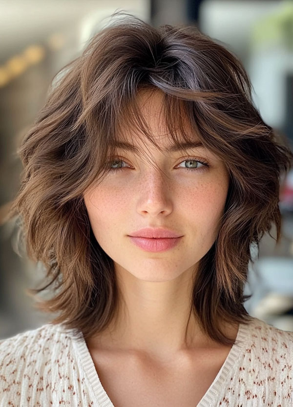 50 Effortless Shag Haircuts To Rock : Textured Brunette Shag with Flowy Layers