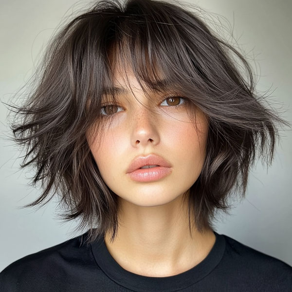 50 Effortless Shag Haircuts To Rock : Textured Brunette Shag with Piecey Bangs