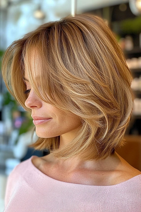 Layered Bob Haircut, Effortless Layered Bob with Warm Blonde Highlights, layered bob with curtain bangs