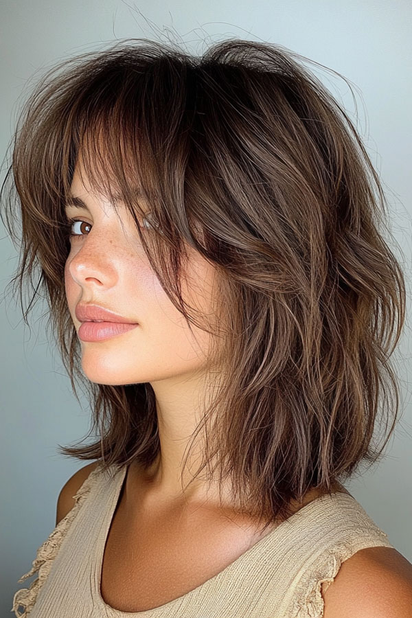 Textured Brunette Shag with Feathered Ends, medium-length shag haircut