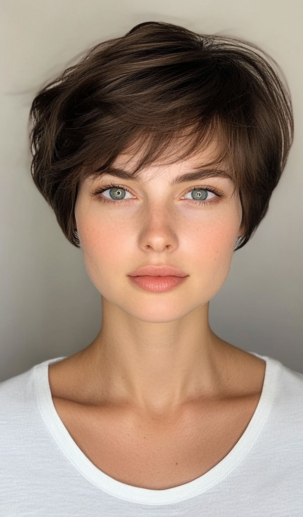 Rich Brown Pixie with Side-Swept Bangs, cute short haircut, short hairstyle