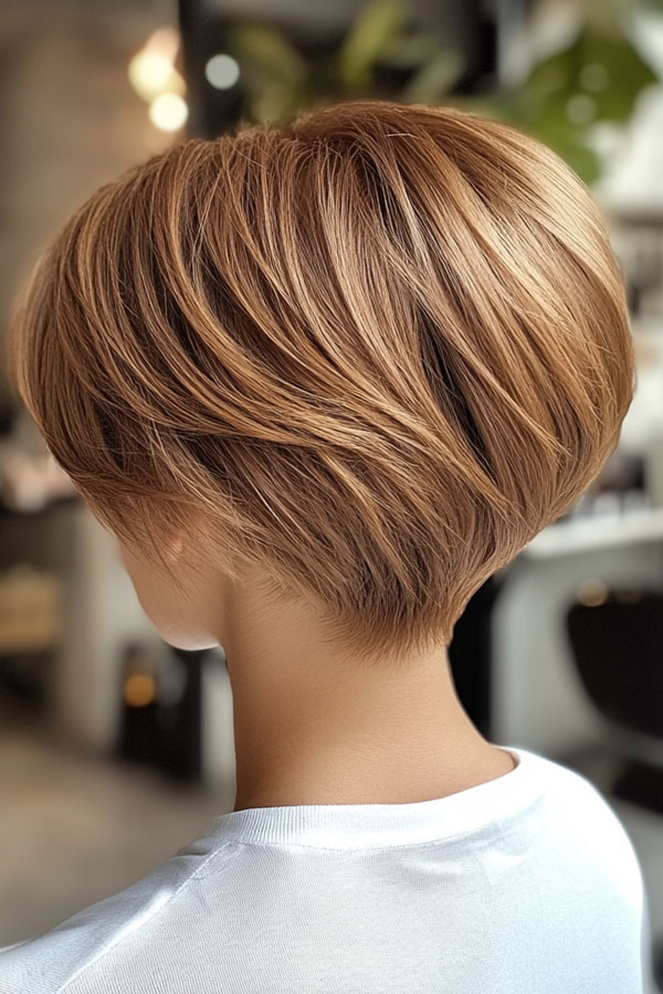 40 Cute Short Haircuts & Hairstyles : Sleek Stacked Bob with Subtle Highlights