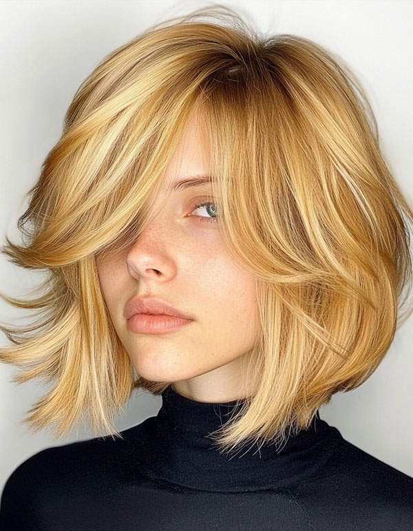 Layered Bob Haircut, Golden Blonde Bob with Feathered Layers