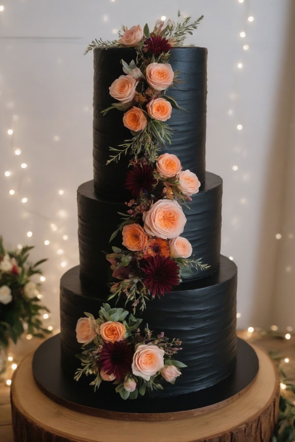 Midnight Garden Elegance, autumn wedding cake, fall wedding cake