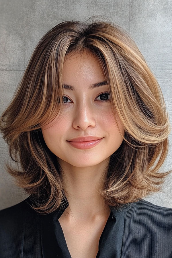 Layered Bob Haircut, Voluminous Shoulder-Length with Soft Waves, Voluminous Layered Bob with Soft Waves