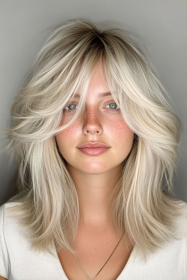 50 Effortless Shag Haircuts To Rock : Platinum Medium-Length with Feathered Layers