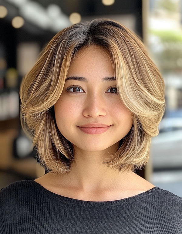 Layered Bob Haircut, Youthful Layered Bob with Face-Framing Highlights