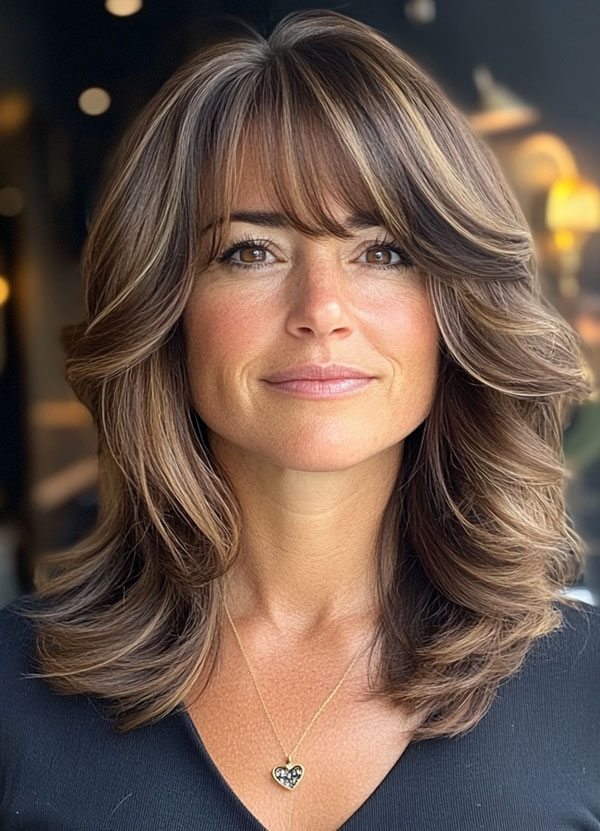 32 Layered Haircuts For Over 40 : Brunette Layers with Highlights