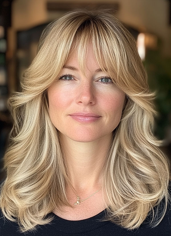 32 Layered Haircuts For Over 40 : Blonde Feathered Layers with Bangs