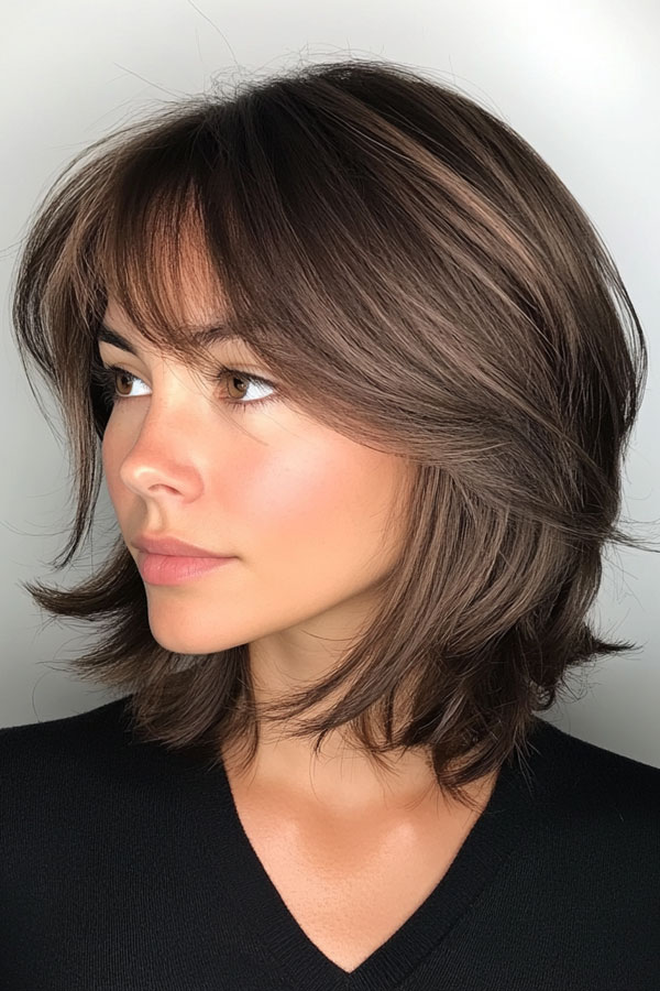 40 Layered Bob Haircuts to Try Now : Shaggy Layered Bob with Wispy Bangs