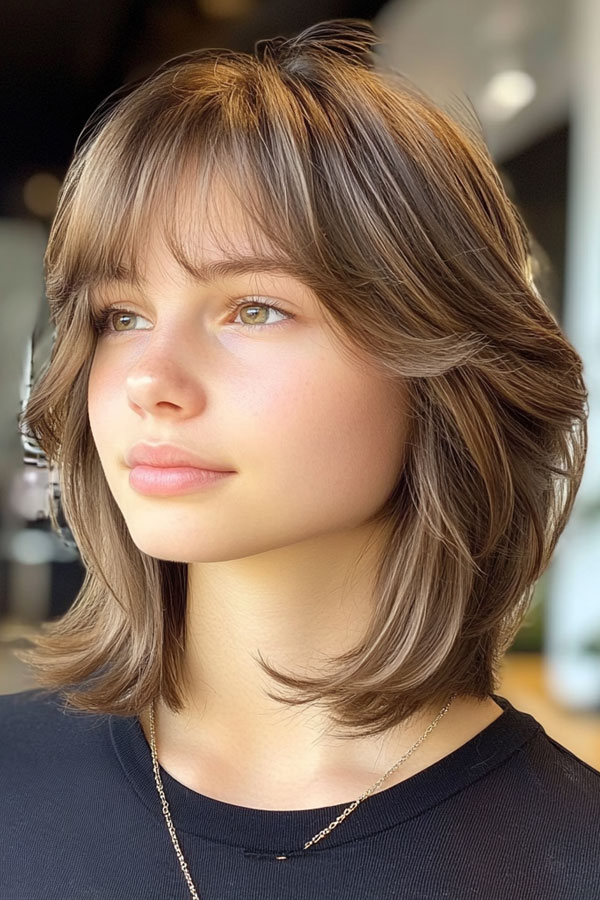 Feathered Lob with Curtain Bangs