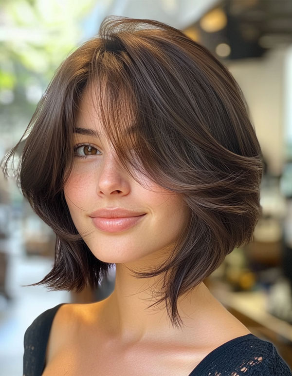 Layered Bob Haircut, Textured Brunette Bob with Soft Waves