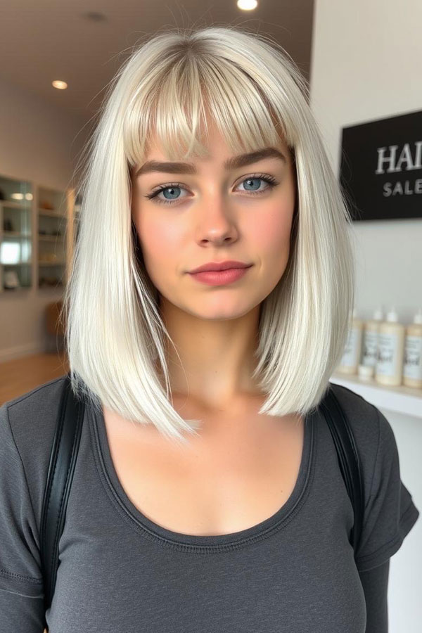 Classic Blunt Lob with Soft Bangs, Icy Platinum Long Bob Hairstyle