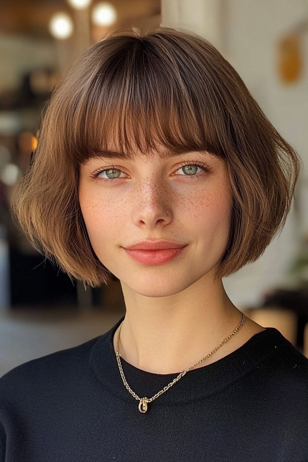 40 Cute Short Haircuts & Hairstyles : Warm Brown Classic Bob with Soft Bangs