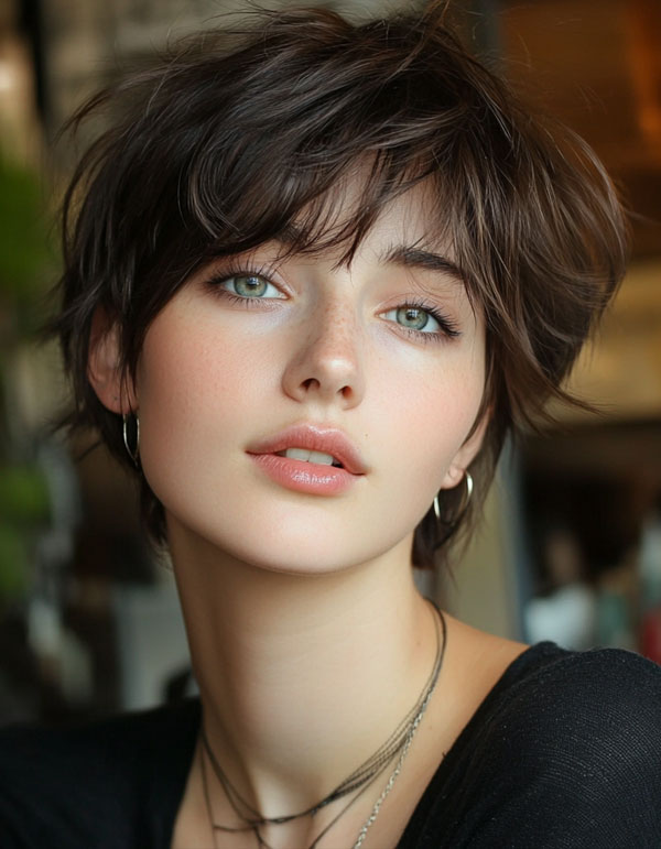 Warm Brown Tousled Pixie with Soft Layers, cute short haircut, short hairstyle