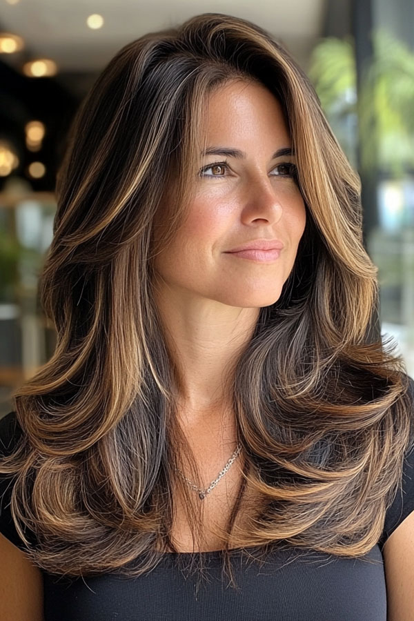 Voluminous Chestnut Long Layers, Layered Haircuts For Over 40