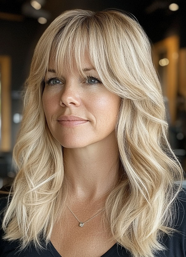 32 Layered Haircuts For Over 40 : Soft Blonde Layers with Bangs