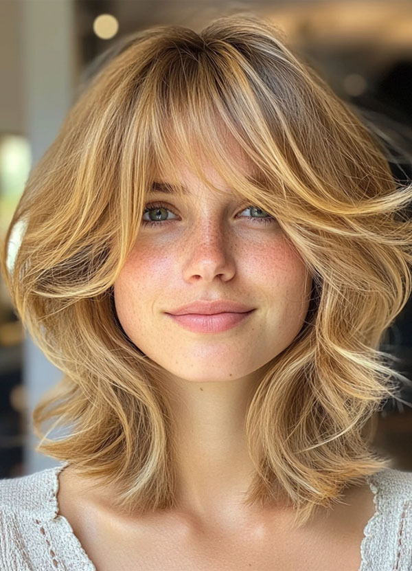 Sunlit Blonde Shag with Feathered Ends, medium-length shag haircut