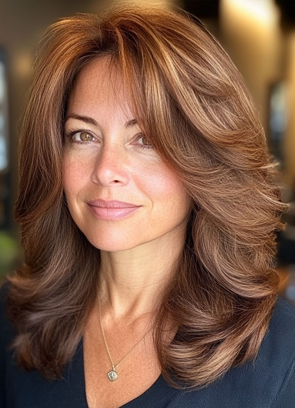 32 Layered Haircuts For Over 40 : Chestnut Brown Mid-Length Layers