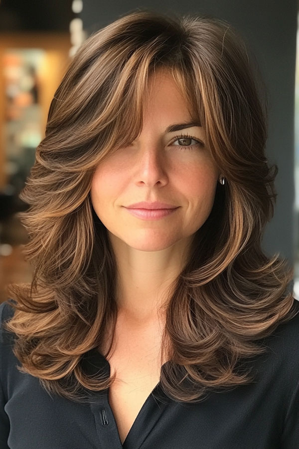 32 Layered Haircuts For Over 40 : Soft Caramel Layers with Curtain Bangs