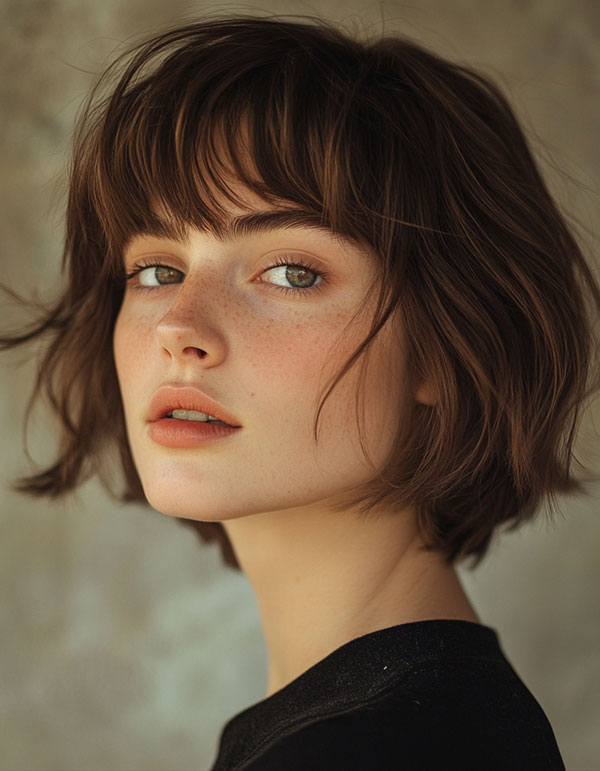 Soft Tousled Bob with Wispy Bangs, cute short haircut, short hairstyle