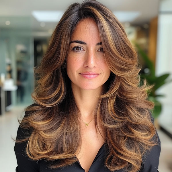 Voluminous Warm Brunette Layers, butterfly layers, Layered Haircuts For Over 40