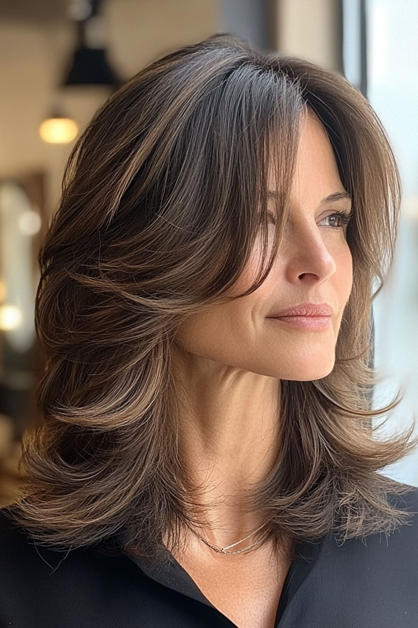 32 Layered Haircuts For Over 40 : Dark Brown Layers with Curtain Bangs