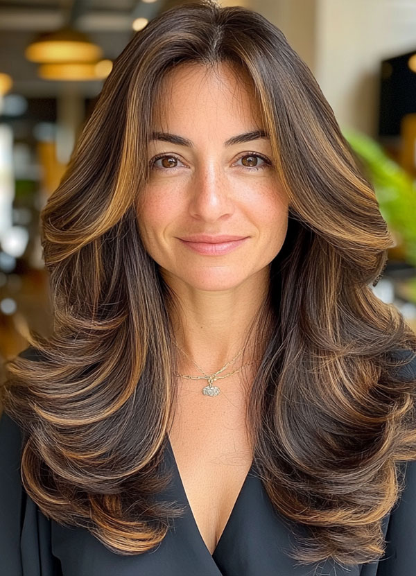 32 Layered Haircuts For Over 40 : Rich Brunette Butterfly Layers