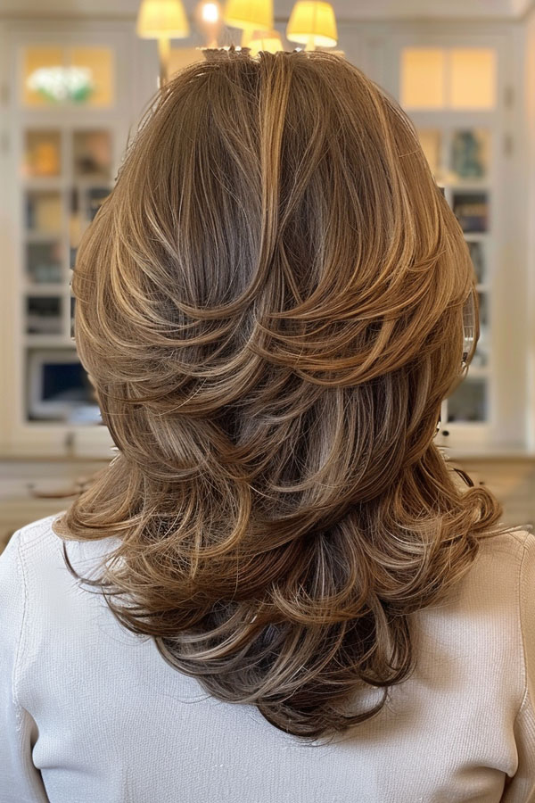 Brunette Layers with Honey Blonde Highlights, Mid-Length Layered Haircut