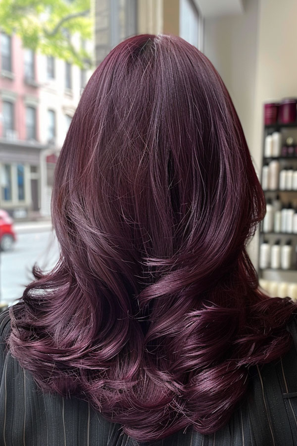 Voluminous Deep Plum Layers, Mid-Length Layered Haircut