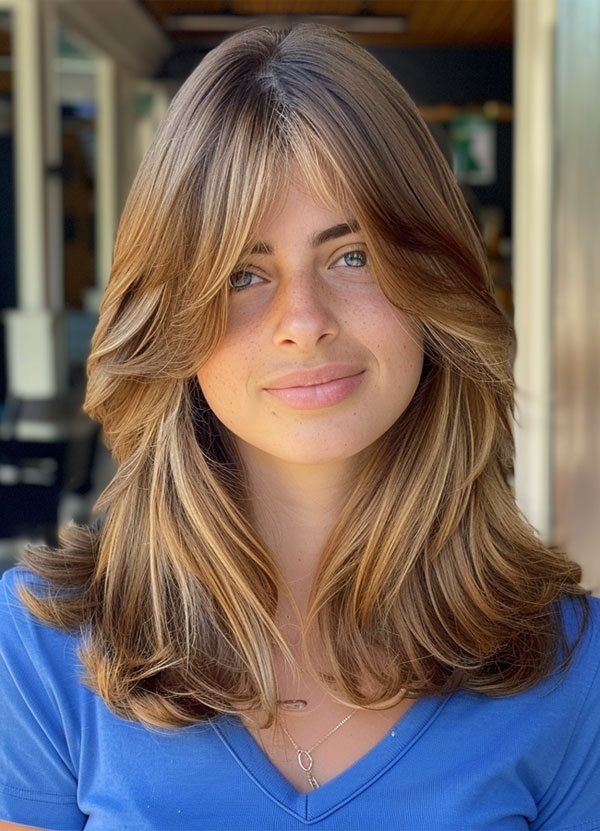 Sun-Kissed Layers with Curtain Bangs, Mid-Length Layered Haircut