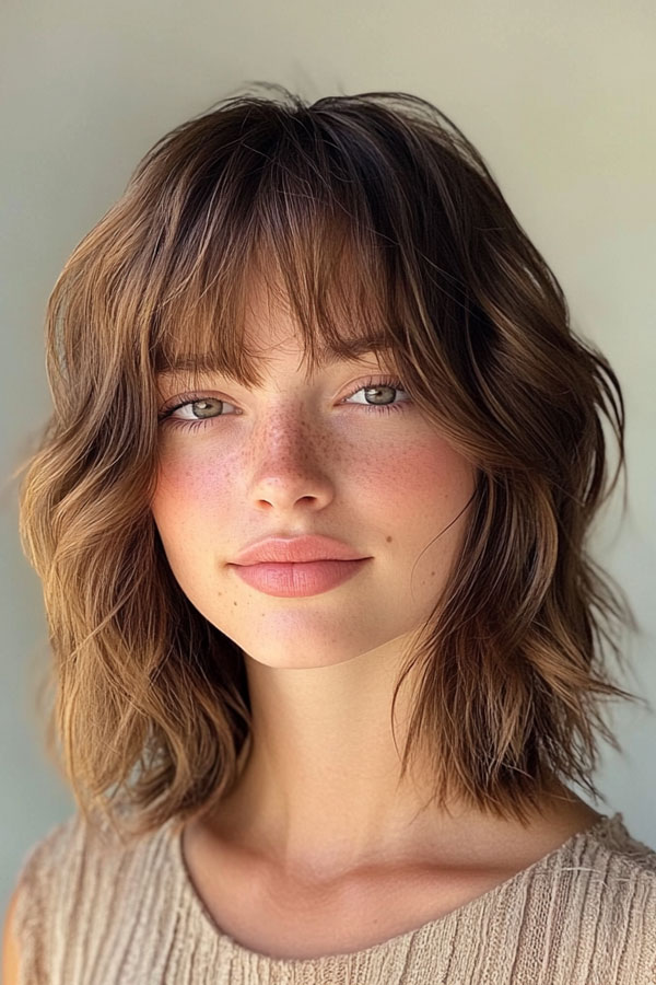 Natural Brown Textured Shag, shag haircut with fringe