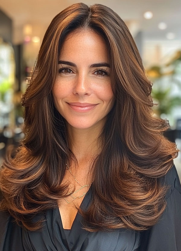 32 Layered Haircuts For Over 40 : Chestnut Layers with Caramel Undertones