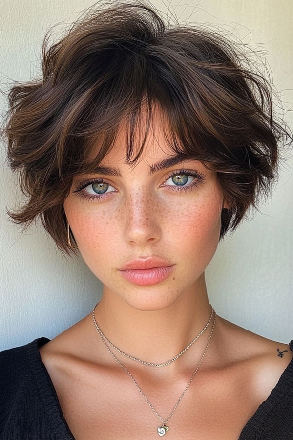 40 Cute Short Haircuts & Hairstyles : Tousled Bob with Curtain Bangs