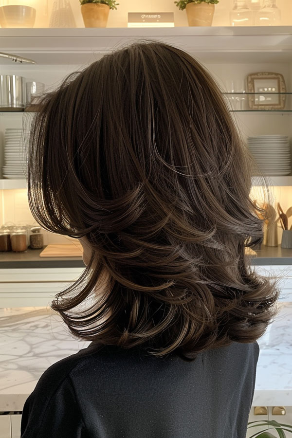 Chocolate Feathered Layers , Mid-Length Layered Haircut