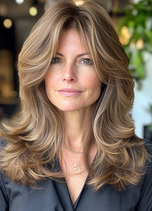 32 Layered Haircuts For Over 40 : Sandy Bronde Voluminous Feathered Layers