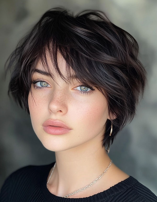 Glossy Tousled Short Bob with Wispy Bangs, cute short haircut, short hairstyle