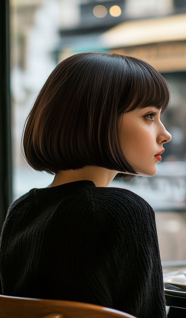 40 Cute Short Haircuts & Hairstyles : Sleek Blunt Bob with Full Bangs