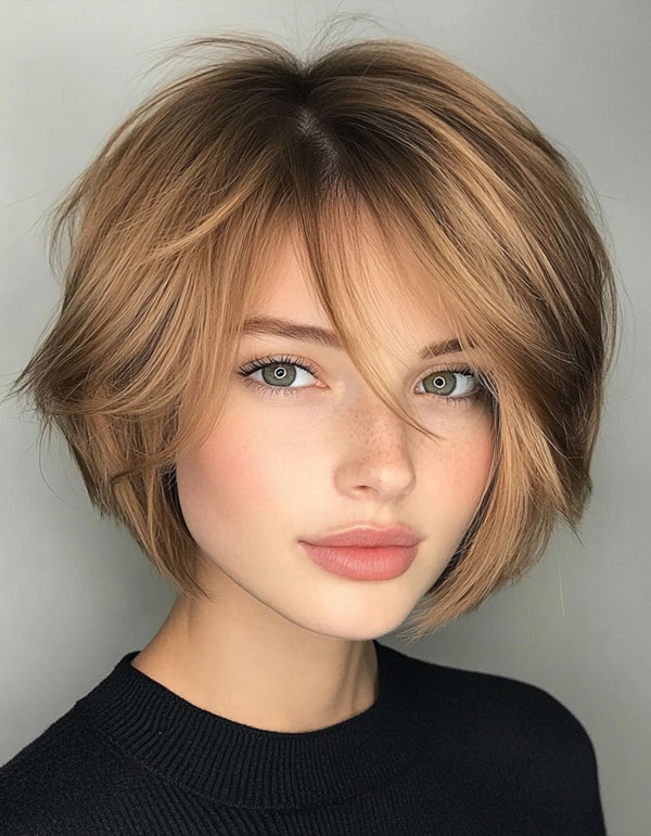 Golden Blonde Bob with Side-Swept Fringe, cute short haircut, short hairstyle